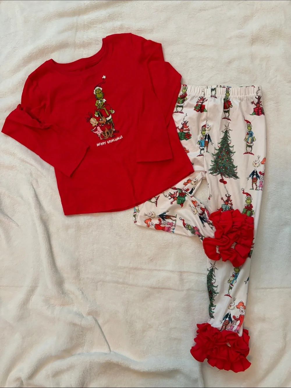 Kids Red Grinch Pajama Set with Holiday Print Pants